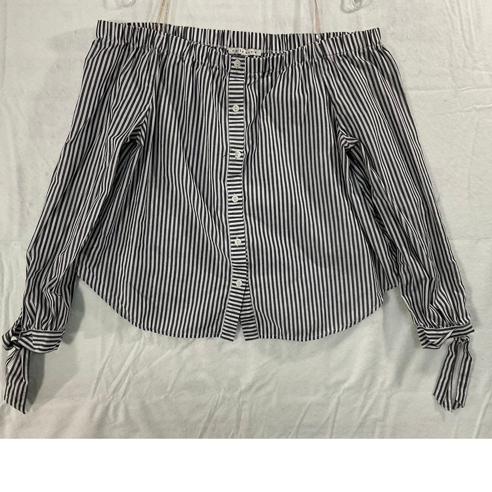 Haute Monde Blouse Womens XL Black White Striped Off Shoulder Tie Cuff HMT51346